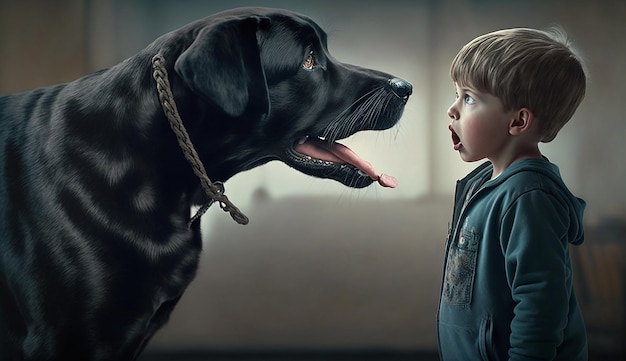 A black dog barking on a boy Ai generated art