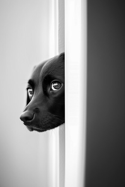 Photo a black dog is peeking out from behind a white door