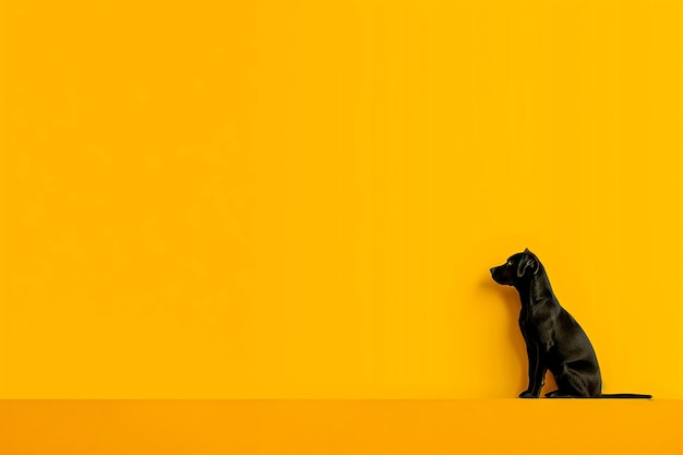 Photo a black dog is sitting on a yellow wall