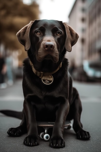 A black dog sits on a stool in the street.