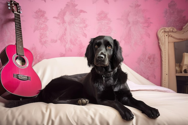 Black dog sitting on pink pillow in bedroom with guitar close by created with generative ai