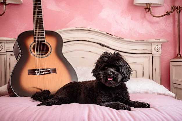 Black dog sitting on pink pillow in bedroom with guitar close by created with generative ai