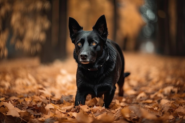 A black dog walks across a park with fall brown leaves