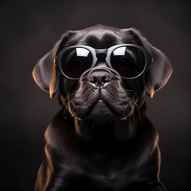 A black dog wearing sunglasses and a black lab coat.