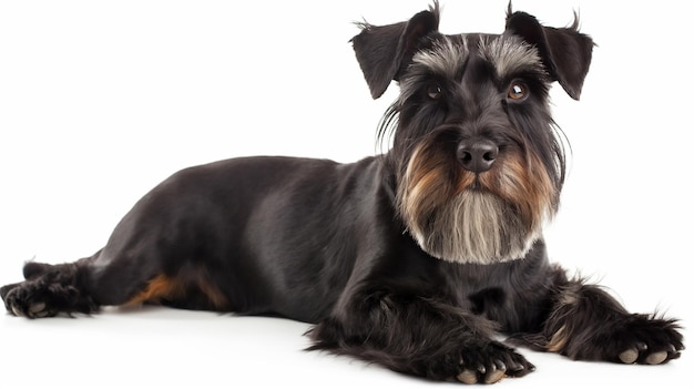 A black dog with a beard and a black coat lays on a white background