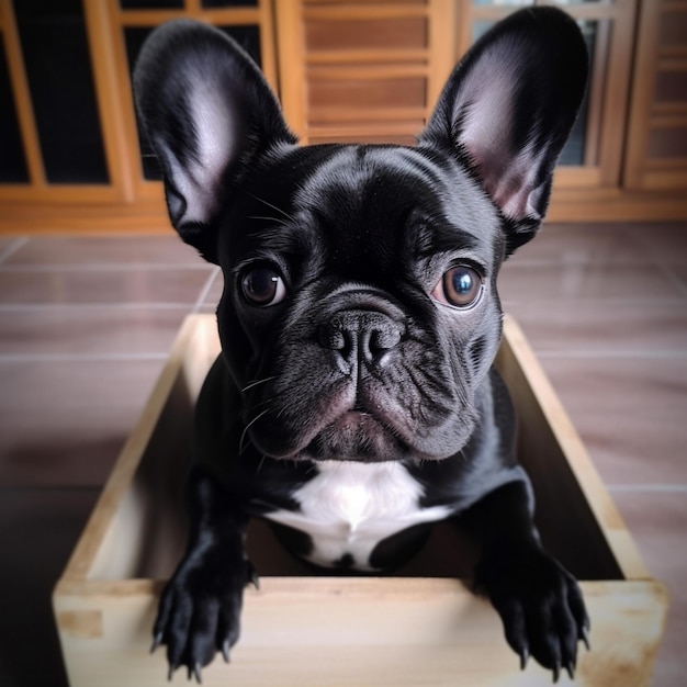 Photo a black dog with big ears is sitting in a wooden box