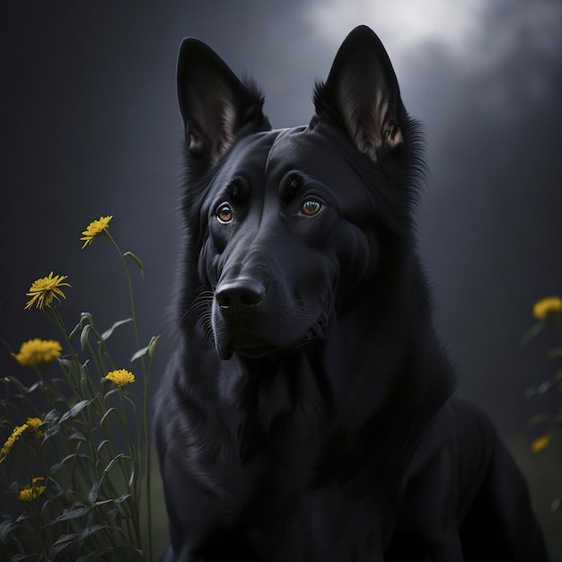 black dog with big ears in a yellow flower garden