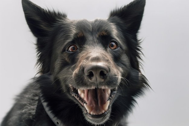 A black dog with a big smile and a big smile