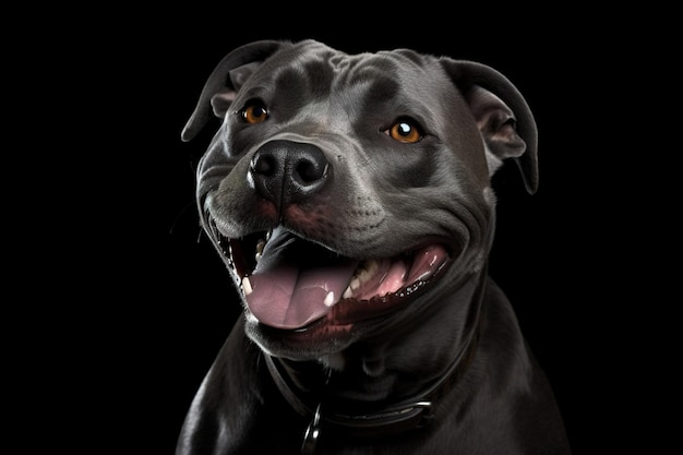 A black dog with a black collar and a black collar that says'pit bull'on it.