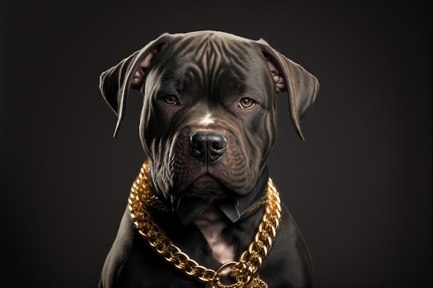 A black dog with a gold chain around his neck.