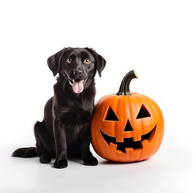 Black dog with halloween pumpkin isolated on a white background