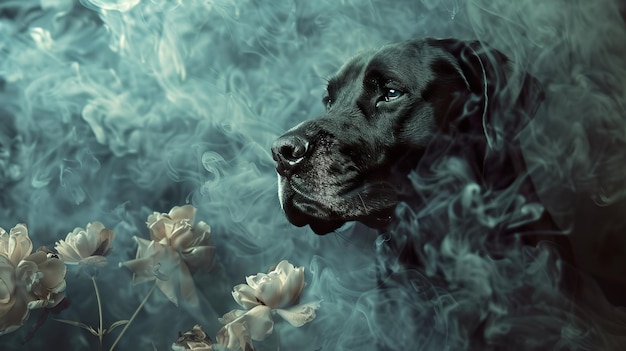 Photo a black dog with a serious expression looks into the distance with wispy smoke and flowers behind it