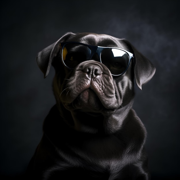 A black dog with sunglasses and a black nose is wearing a pair of sunglasses.