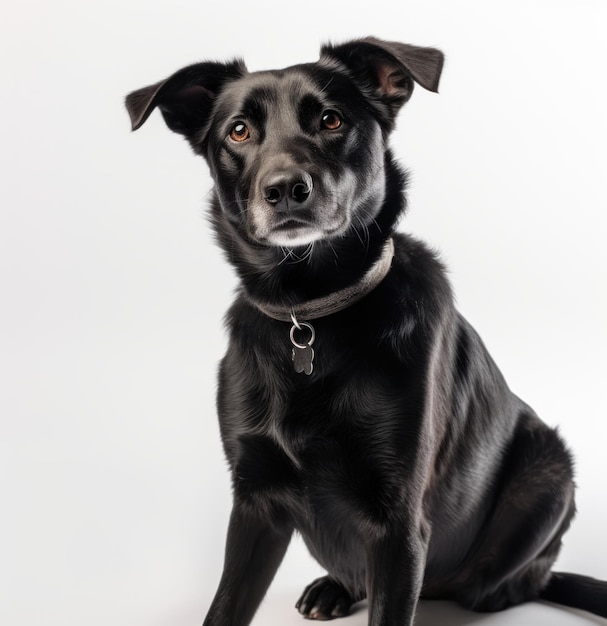 A black dog with a tag on it's collar is sitting on a white surface.