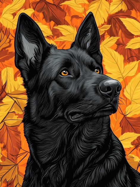 Photo a black dog with a yellow eyes and a red background with autumn leaves