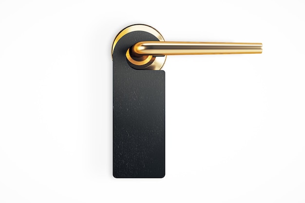 Photo black door hanger on gold door handle isolated on white background 3d rendering