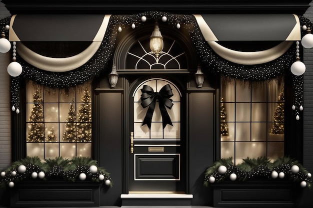 A black door with a black bow on it