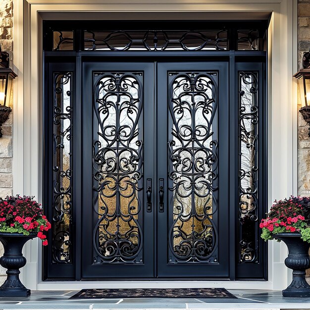 a black door with a large window that says quot welcome quot on it