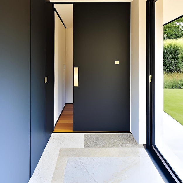 A black door with a white border and a white wall with a light on it.