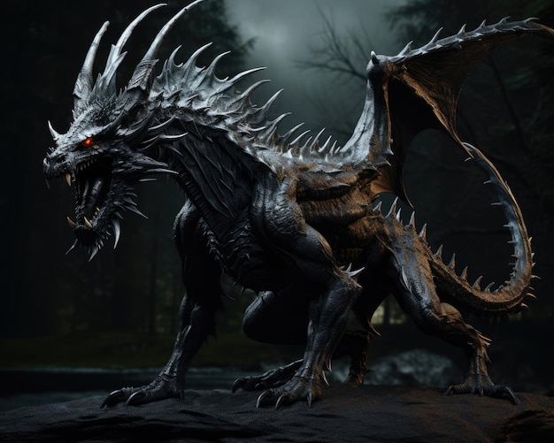 Black Dragon 3D Render of Epic Fantasy Creature in Isolated Nature Habitat with Horns and Hunting