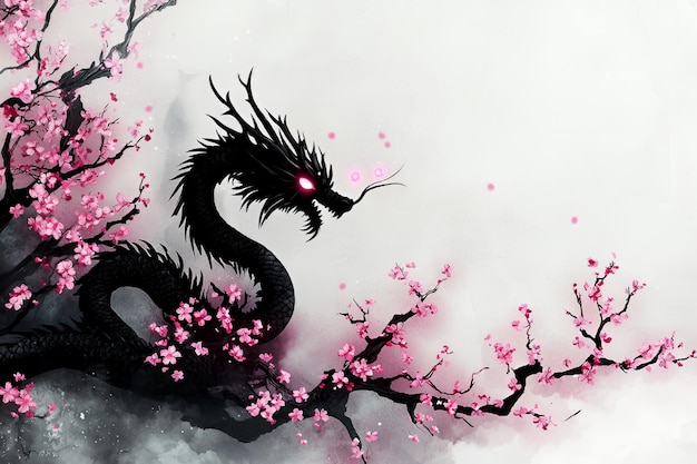 Black Dragon in Cherry Blossom Tree