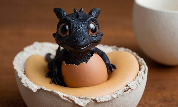 Photo a black dragon figurine sits in a small bowl with a cup on the side