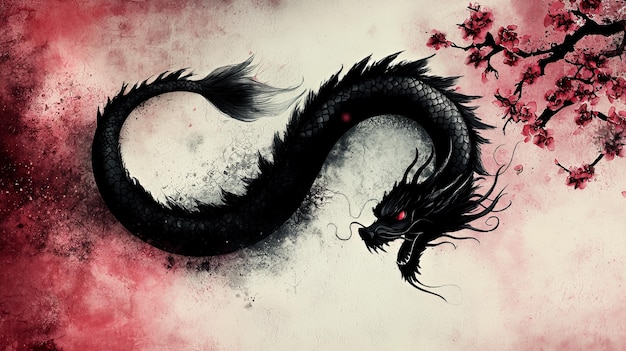 Black Dragon in Watercolor with Cherry Blossoms