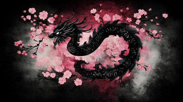 Black Dragon with Pink Cherry Blossoms