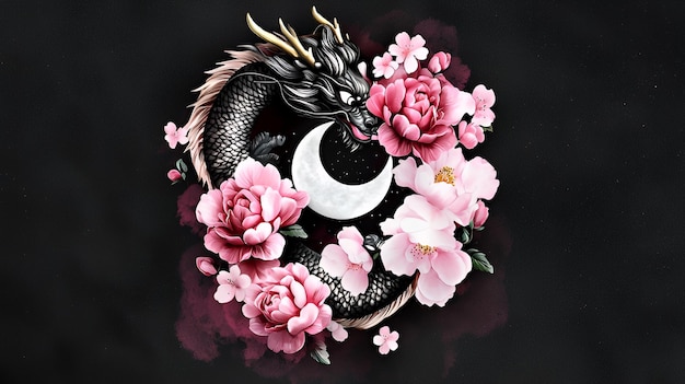 Black Dragon with Pink Flowers and a Crescent Moon