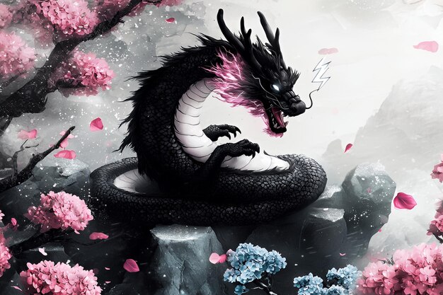 Black Dragon with Pink Sakura Blossoms