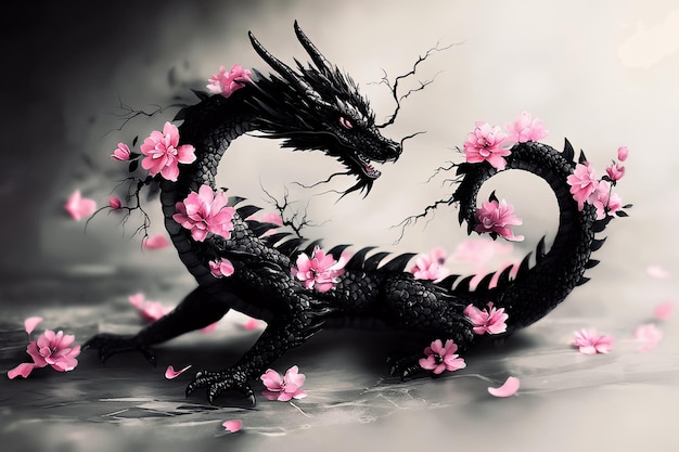 Black Dragon with Pink Sakura Flowers