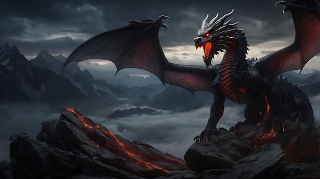 Photo black dragon with red eyes on a cliff with a moon and mountain range suitable for fantasy book