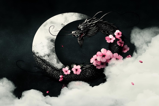 Photo black dragon wrapping around a crescent moon with pink flowers