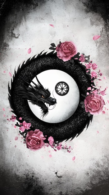 Black Dragon Yin Yang Symbol with Pink Flowers and White Background