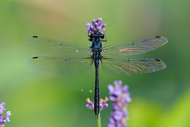 Black dragonfly perched on a purple flower with macro photography in a green background nature scen