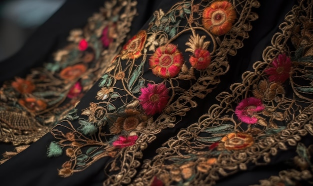 A black dress with a floral pattern on it