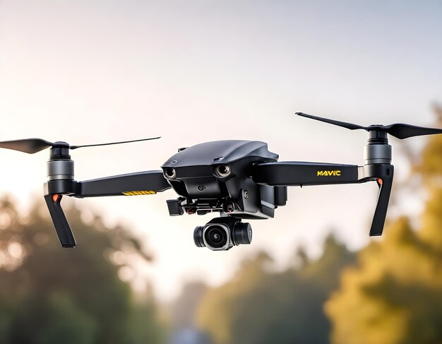 A black drone in flight against a blurred light background