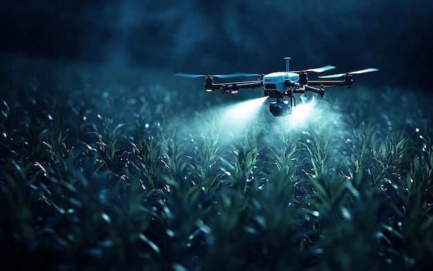 Photo black drone flying over green grass spraying water