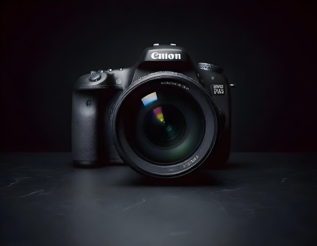 Black DSLR camera with a visible lens facing forward on a dark background