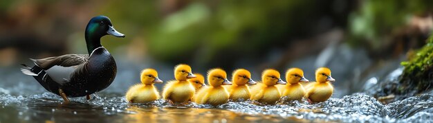 Photo black duckling leading a group of yellow ducklings with a confident stance