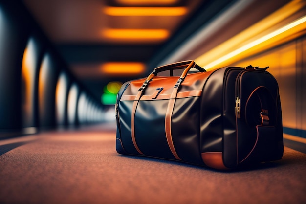 A black duffel bag sits on a hallway with a green exit sign.