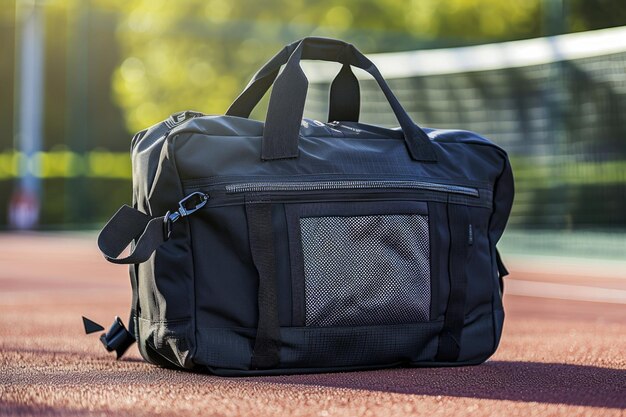 Photo a black duffle bag sits on a tennis court ready for use