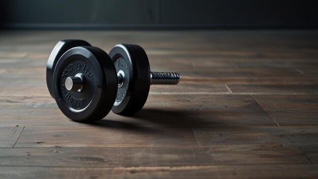 Photo a black dumbbell laying on a wooden floor with a black background