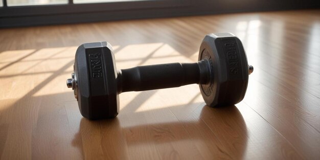 Photo a black dumbbell sits on a wooden floor in a room