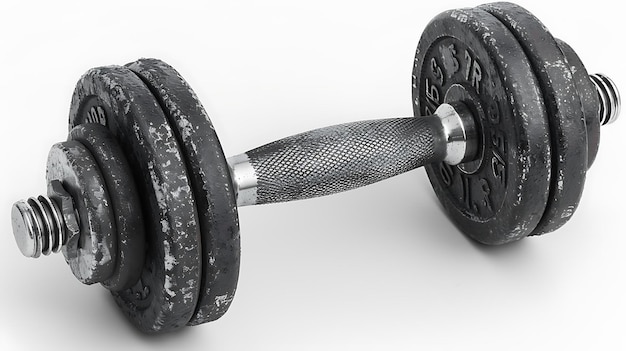 A black dumbbell with a metal handle and weight adjuster sits on a white background