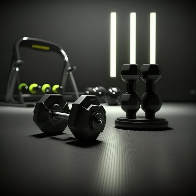 Black dumbbells on the floor in dark Metal rubberized dumbbells on a dark black floor