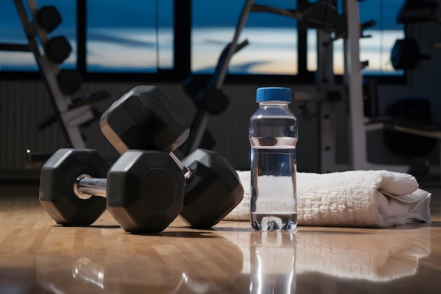 Black dumbbells water bottle and towel on a gym floor during evening workout