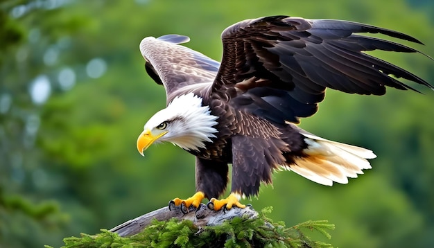 Black Eagle sitting on the mountain in green view