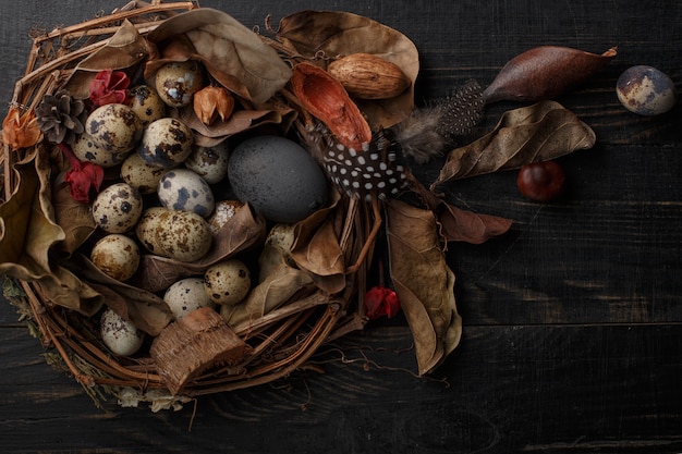 Black eggs in a nest of dry branches on a black board. Easter style.