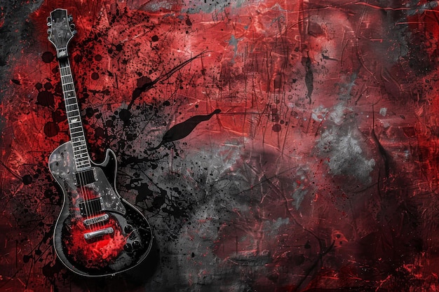 Photo black electric guitar on dark red background with spots and splashes